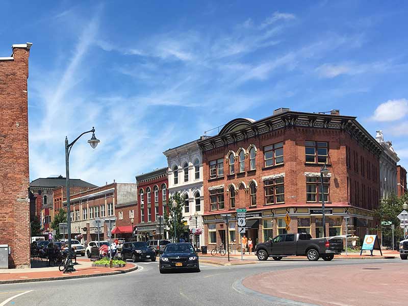 View of downtown Glens Falls from the roundabout