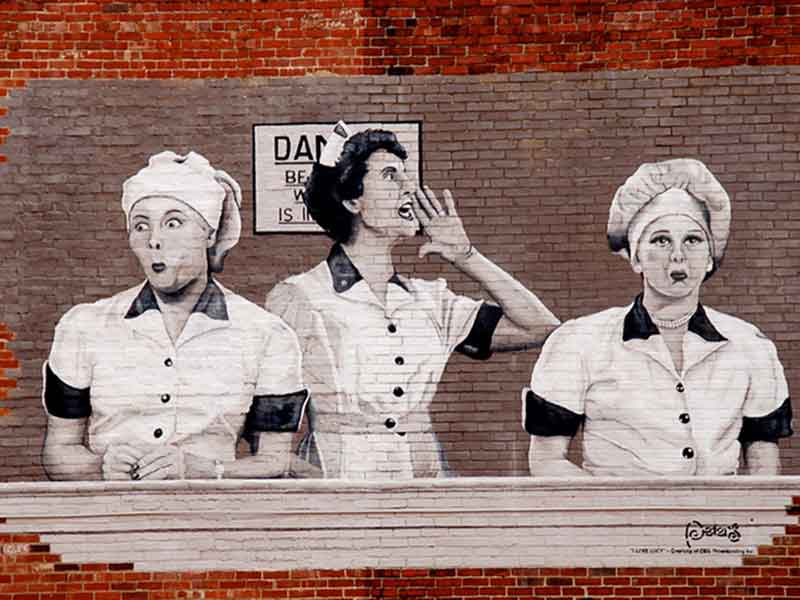 Mural on brick of famous I Love Lucy factory scene