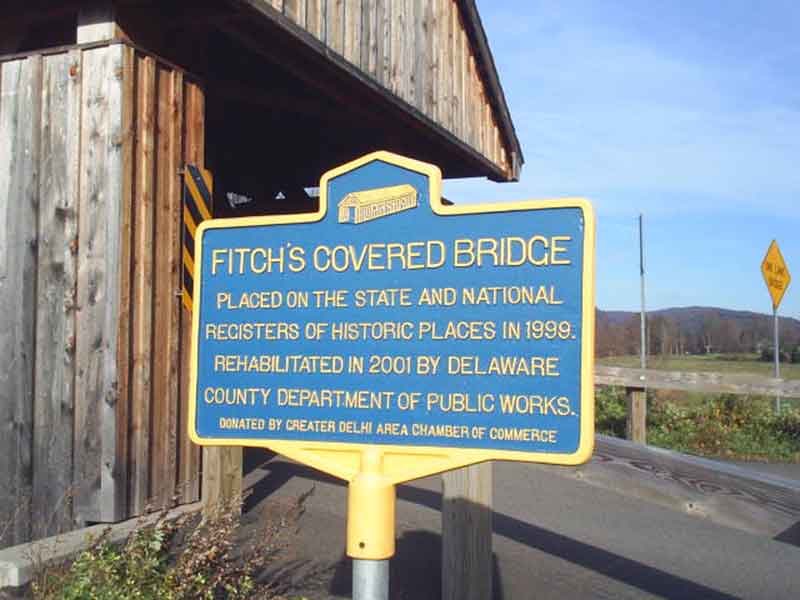 Historic Places sign for Fitch's Covered Bridge in Delhi NY