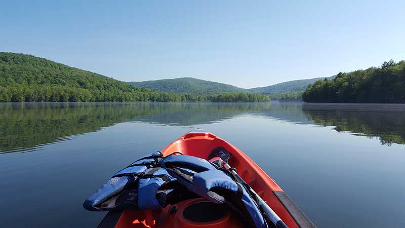 Kayak on Mongaup Pond in New York's Catskill Mountains