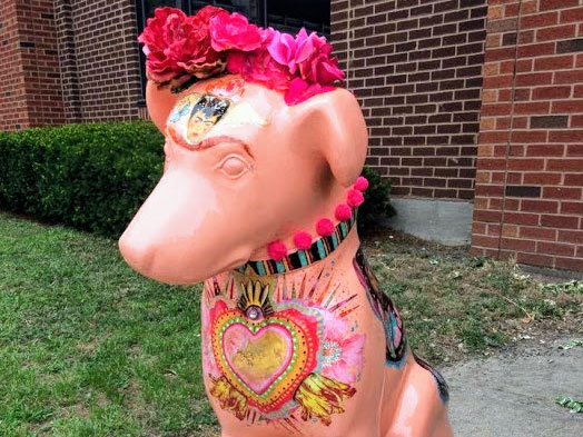 Frida Fido by Betsy Gorman, a dog sculpture painted in honor of Frido Kahlo for Downtown is Pawsome, an outdoor exhibition in Albany NY