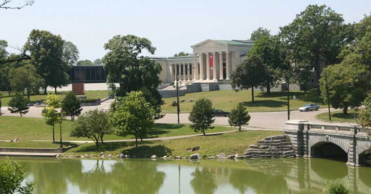 View of the back steps at the Albright Knox Art Gallery in Buffalo's Elmwood Village