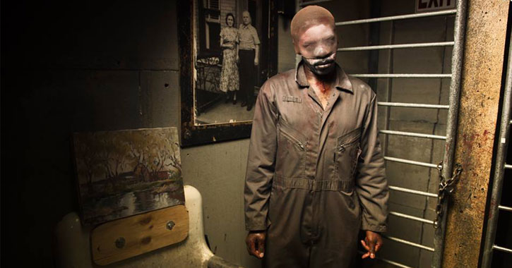 a scary man with pantyhose over his face