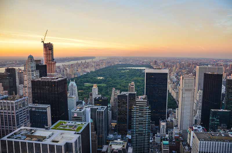 View from Top of the Rock overlooking New York City and Central Park at dusk