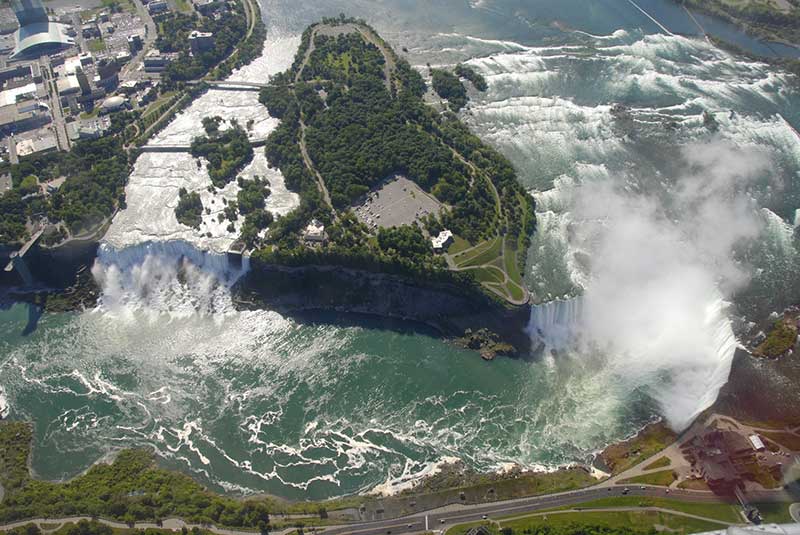 Aerial view of Niagara Falls and Goat Island