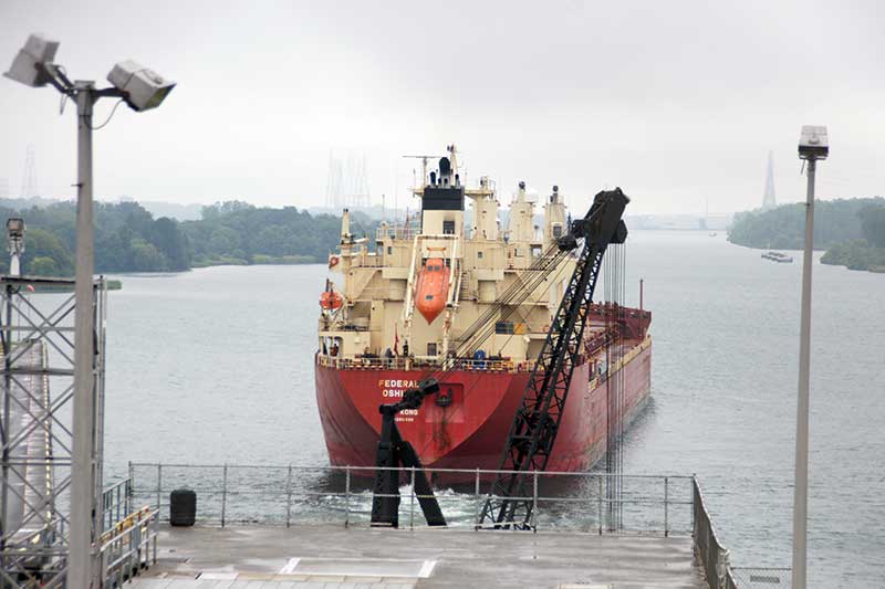 Large ship entering the Eisenhower Locks on the St. Lawrence River in Massena, NY